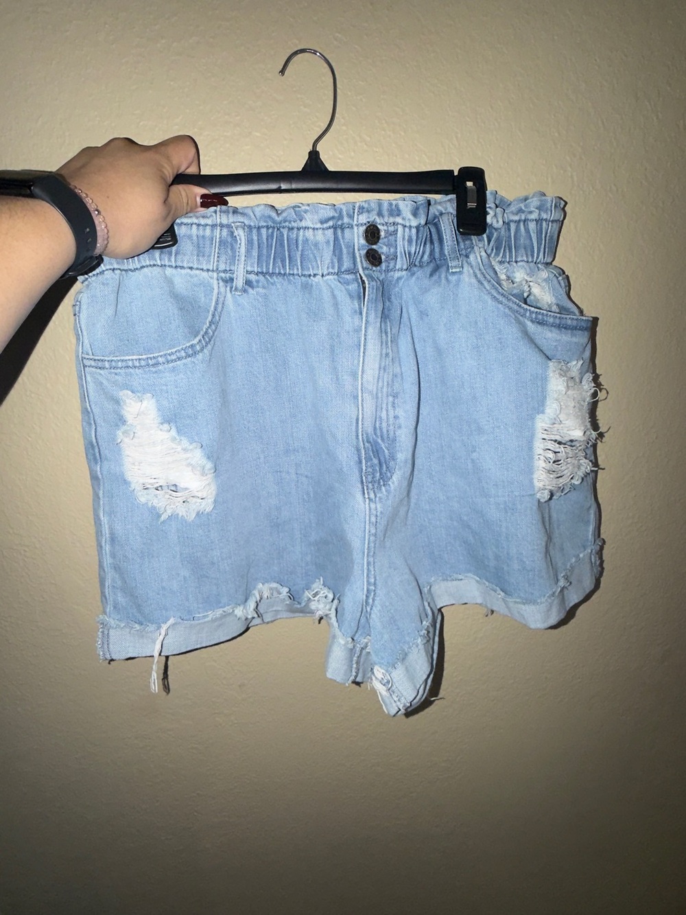 Show Me Your MuMu Light Blue Paperbag Waist Distressed Denim Shorts